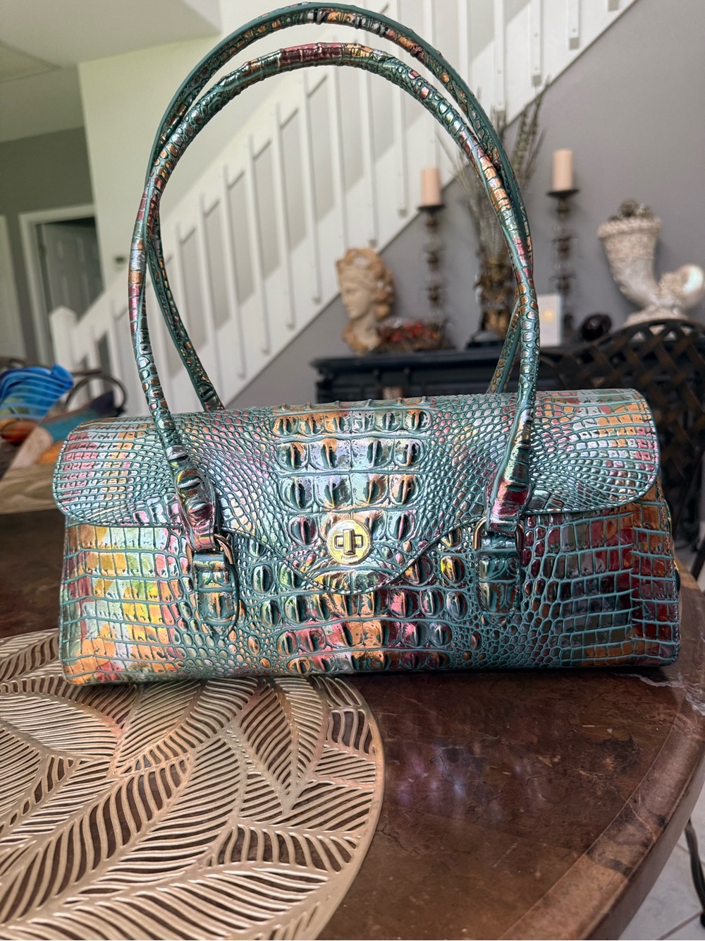 Brahmin Iridescent Green Croc-Embossed Women’s Shoulder Bag